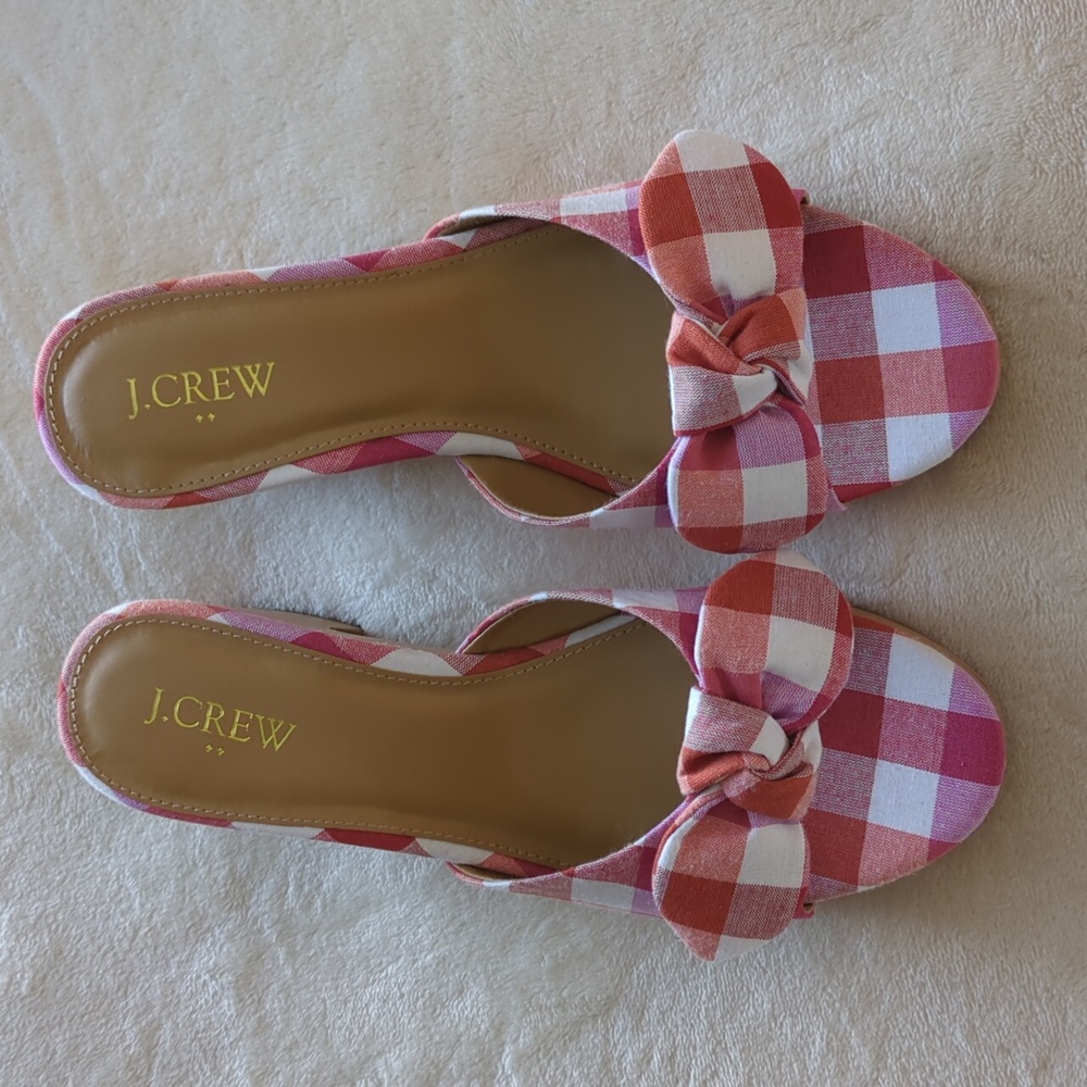 J. Crew Printed Plaid Clog Bow Heels Sandals Slide Sz 8 New Box Red White Purple - Picture 6 of 13